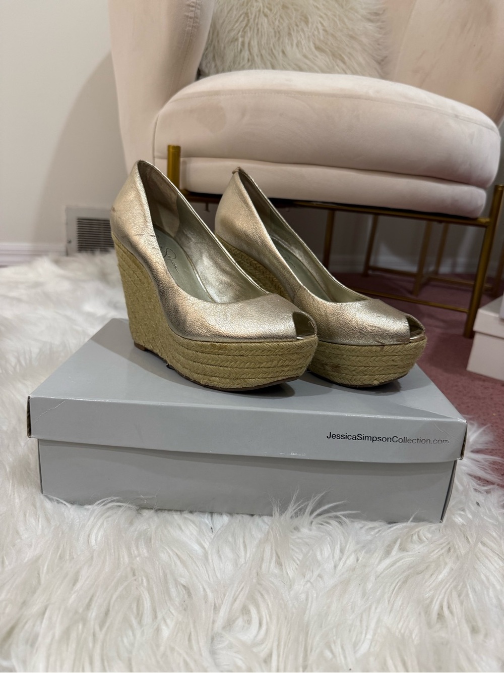 Jessica Simpson Metallic Gold Espadrille Wedge Peep-Toe Heels